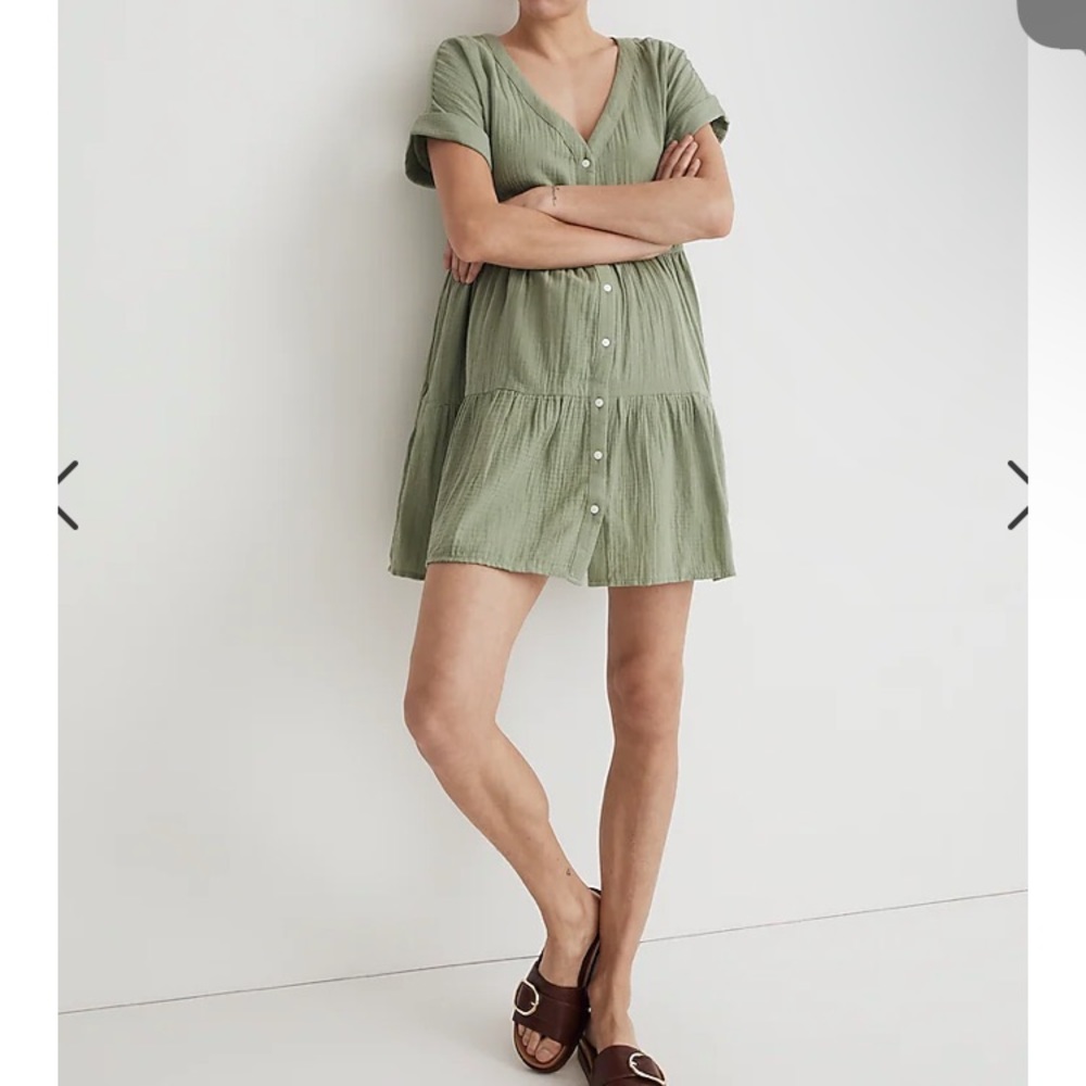 Madewell Lightspun Cuff-Sleeve Button-Front Tiered Mini Dress Size S